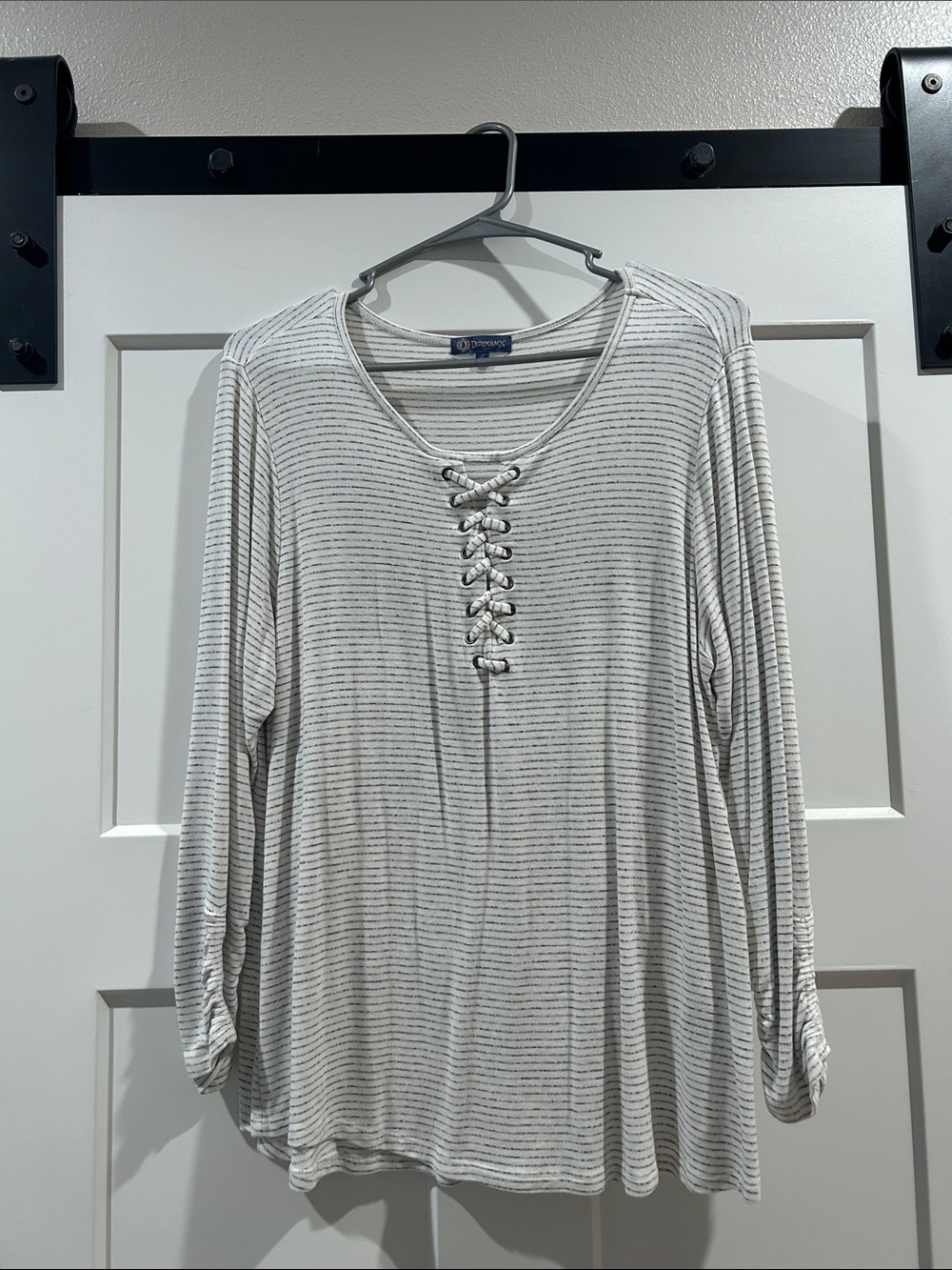 Democracy Cream and Light Gray Striped Lace-Up Long Sleeve Top